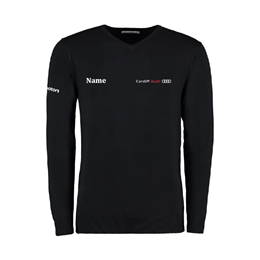 Mens V Neck Jumper - Black with logo Cardiff Audi