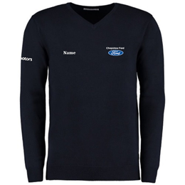 Mens V Neck Jumper - Navy with Logos Chepstow Ford