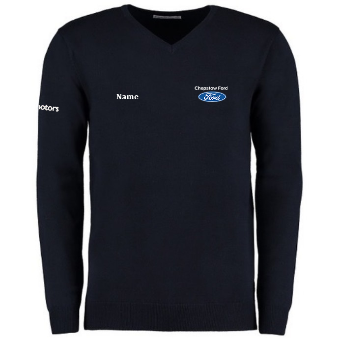 Mens V Neck Jumper - Navy with Logos Chepstow Ford